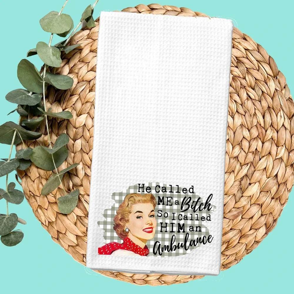 Funny Retro Waffle Weave Kitchen Towel Sarcastic Vintage Woman Graphic White